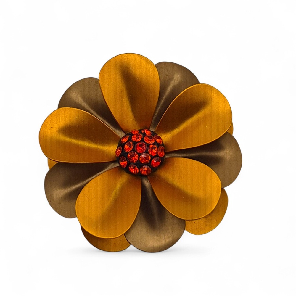 Vintage Flower Brooch Copper Metal Orange Crystals 3D Pin 1960s Layered Daisy